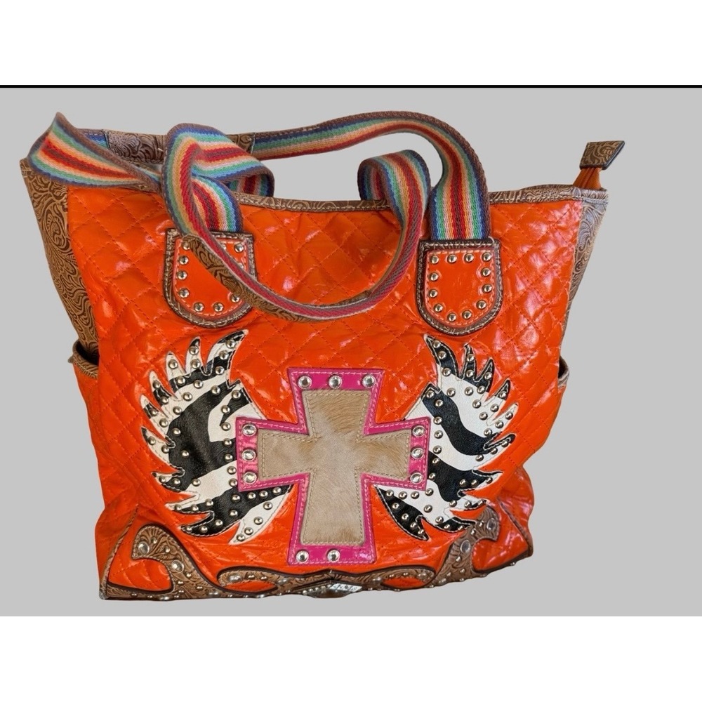 Western Quilted Orange Tote Cross Wings Studded Shoulder Bag Boho Cowgirl